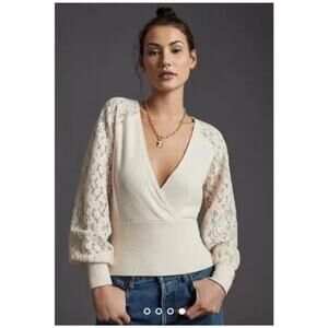 Anthropologie Sweater Womens XS Cream Rib Knit Lace Bishop Long Sleeve Surplice